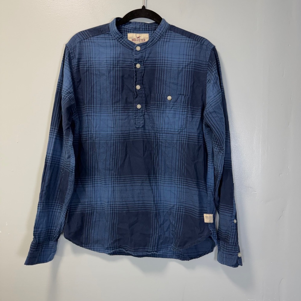 Hollister Mens Blue Plaid Henley Shirt Banded Collar Long Sleeve Small